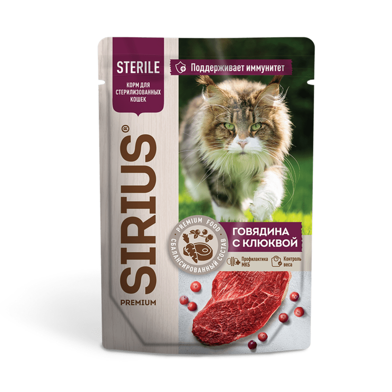 Влажный корм для стерилизованных кошек с говядиной и клюквой в соусе, пауч 85 гр