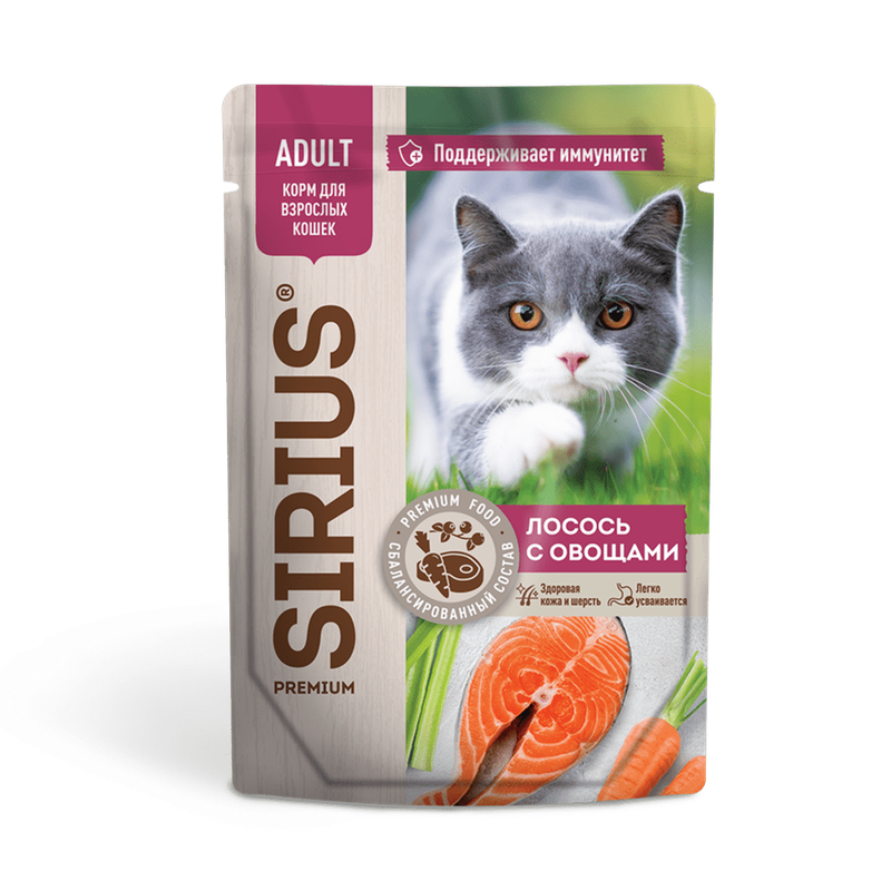 Влажный корм для взрослых кошек с лососем и овощами в соусе, пауч 85 гр