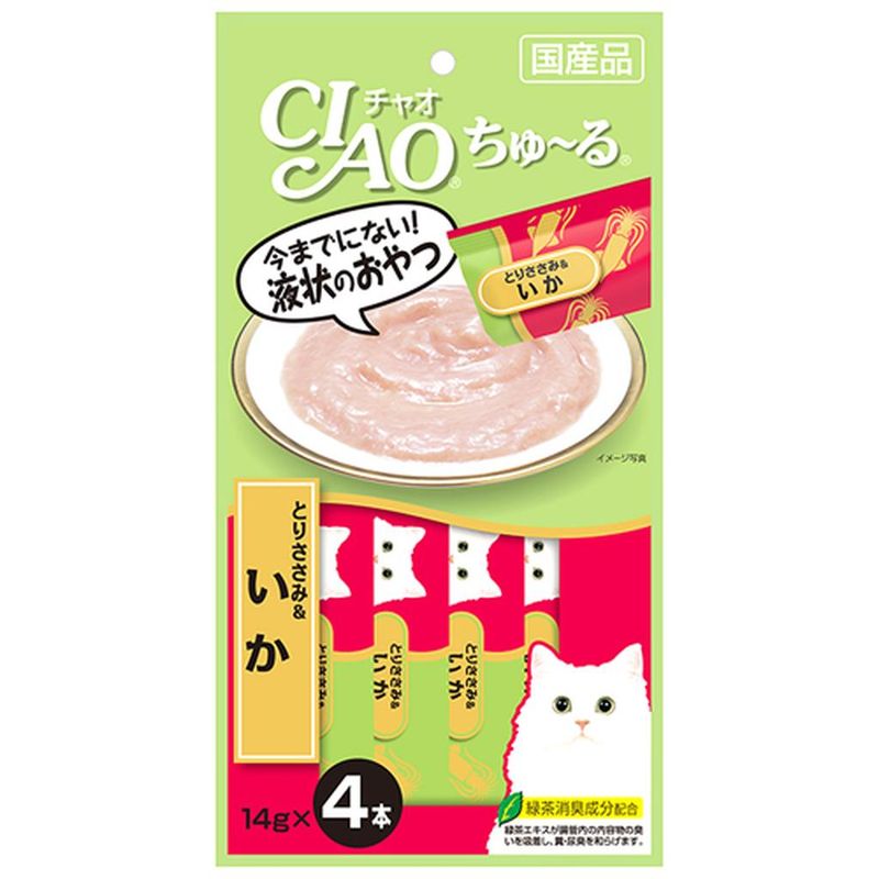 CIAO Churu, Лакомство-пюре для кошек с куриным филе и кальмаром 4 х 14 гр