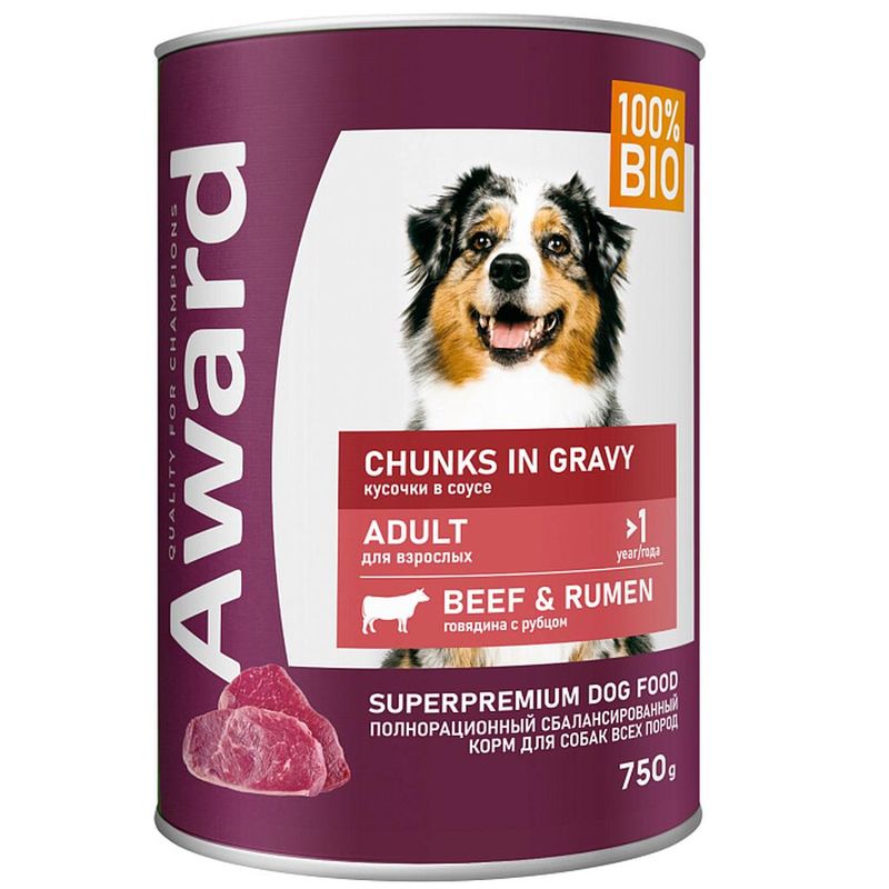 AWARD Корм д/собак кусочки в соусе с говядиной и рубцом 750 гр