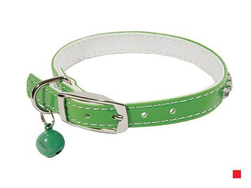 Ошейник "Синтетик" двойной прошитый для кошки со стразами и бубенчиком, 10мм, обхват 30см зеленый